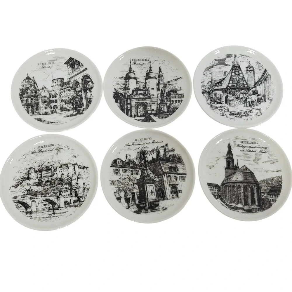 Royal Porzellan Bavaria KPM Coasters Set of 6 White Black Germany 4in Landmarks